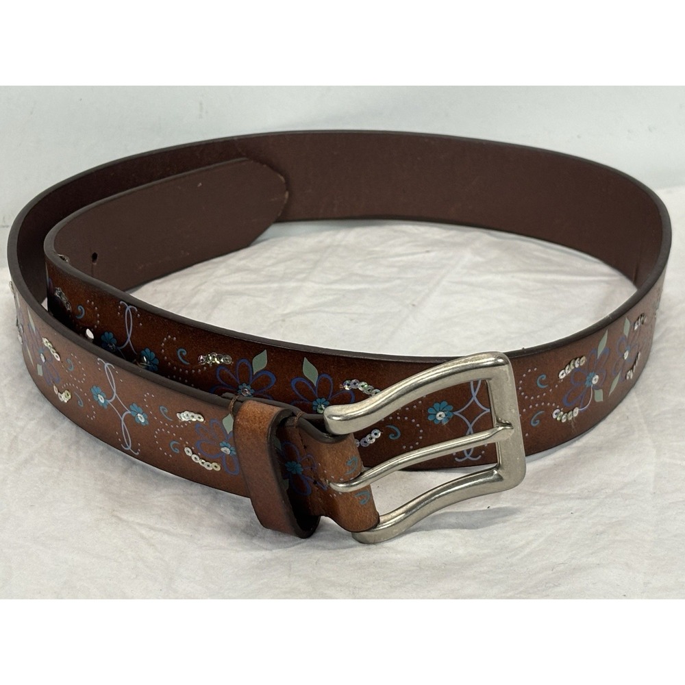 Vtg Aeropostale Leather Belt Women's Small Brown Blue Floral Sequins Y2K 1.5"